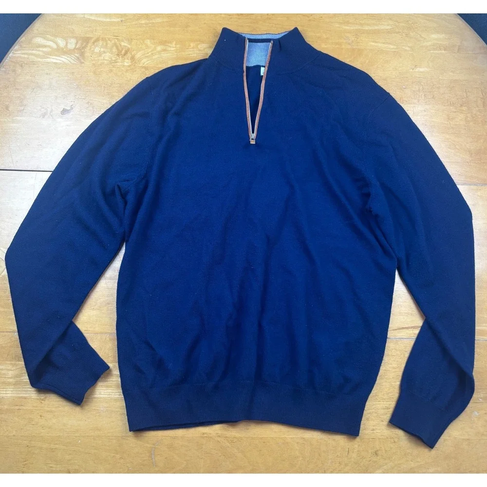 Collars & Co Mens Navy Blue 100% Merino Wool Quarter Zip Sweater Mock Neck